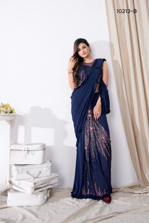 Blue sequins work lycra readymade saree 1015762b