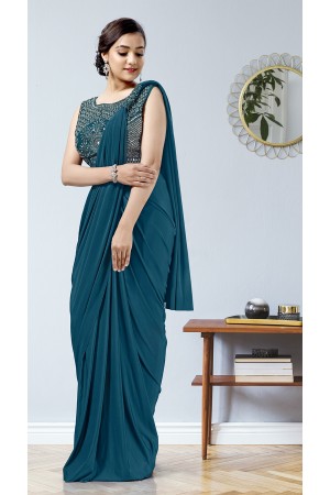 Lycra Party Wear Readymade Saree in Green With Sequence Work