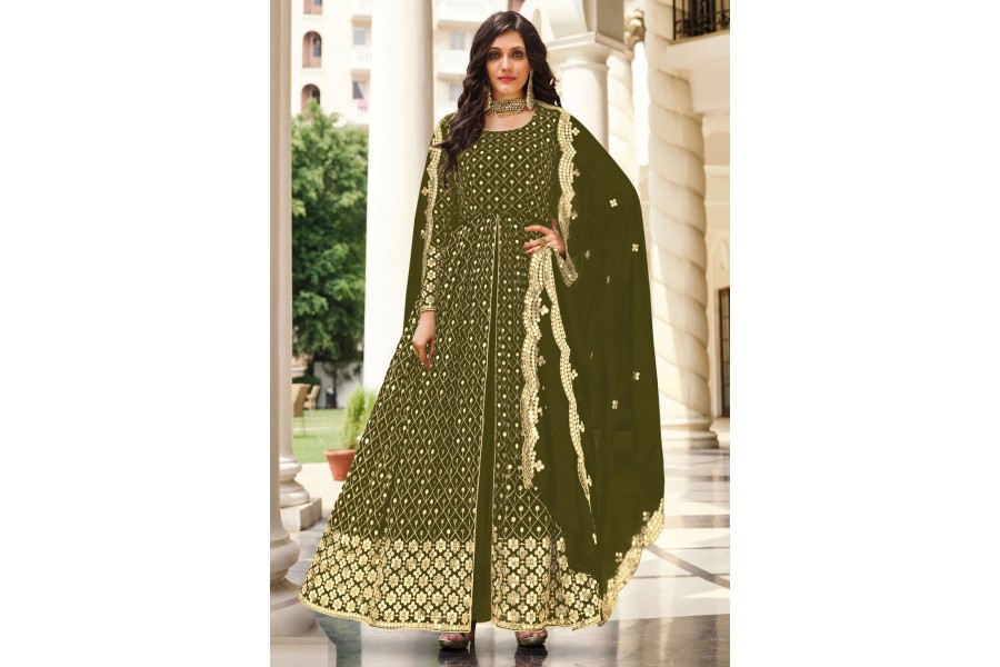 Buy KS DESIGN Women's Ethnic Net mehndi Gown With Embroidery Work Long  Anarkali Gown For Women With Dupatta (size-L) at Amazon.in