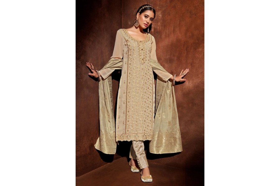 Georgette pant style suit in Beige colour 2205