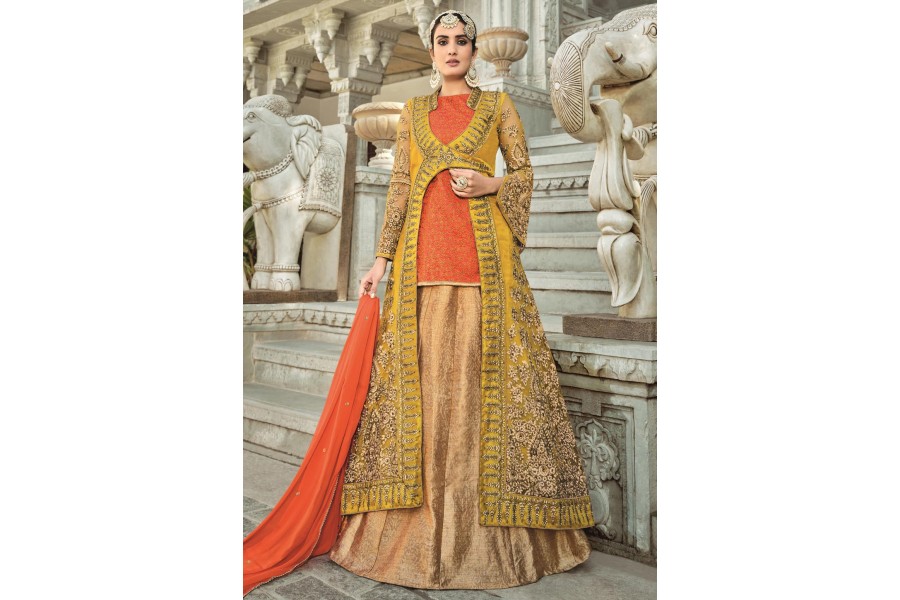 Zoya Peach Georgette and Net Long Jacket Heavy Embroidered Wedding Lehenga  Choli at Zikimo - Zikimo.com - Original Indian Bridal Lehengas Collection