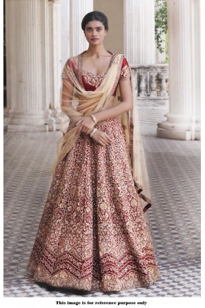 Rani Gold And Red Embelished Banarasi Silk Lehenga With Intricate Zari  Work, Unstitched Blouse, And Matching Dupatta.