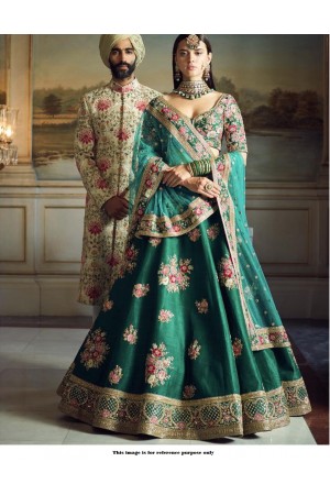 Buy Sabyasachi Green Embroidered Silk Wedding Wear Lehenga Choli