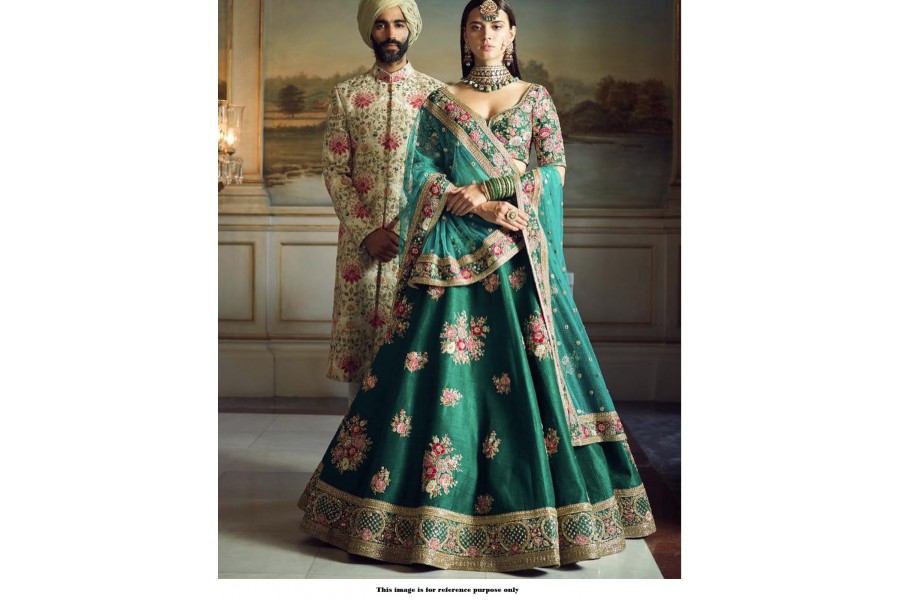 Bollywood Sabyasachi Mukherjee teal green wedding lehenga S2
