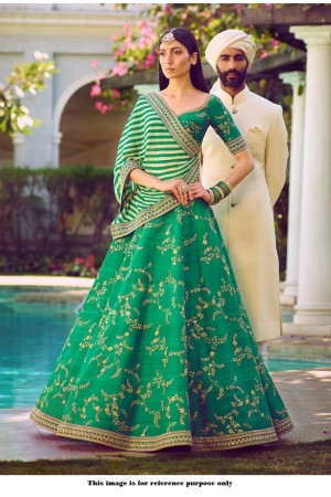 Bollywood Sabyasachi Mukherjee Inspired Malai satin Teal green lehenga