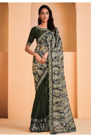 Satin crepe Saree with blouse in Camo green colour 22905