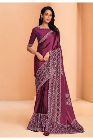 Satin crepe Saree with blouse in Wine colour 22911