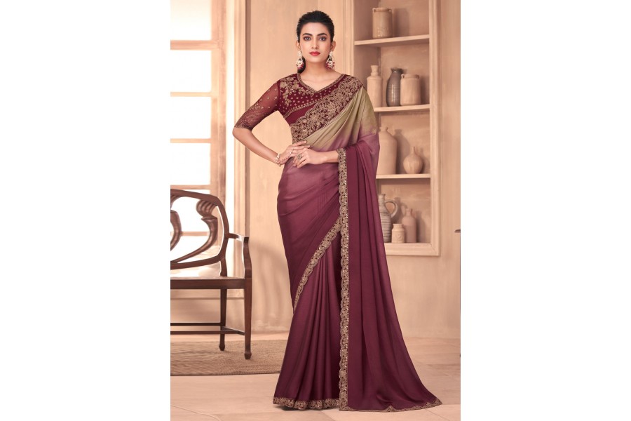 RE - Wine Party Wear Designer Vichitra Silk Saree - New In - Indian