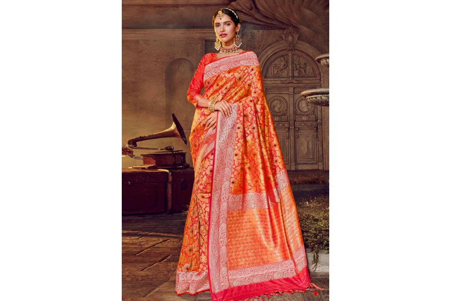 Orange Banarasi Silk Festival Wear Saree 96663 5826