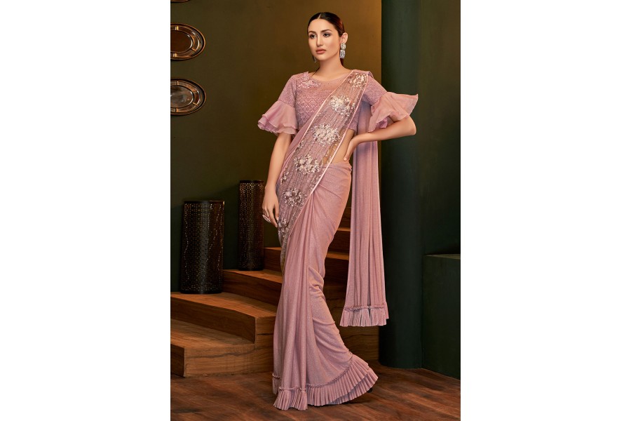 Pink lycra handwork party wear saree 5812