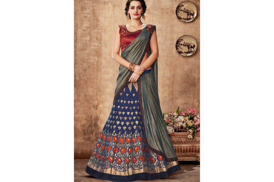 Maroon And Blue Appliqued Lehenga And Jacket Set – TheStylease.com