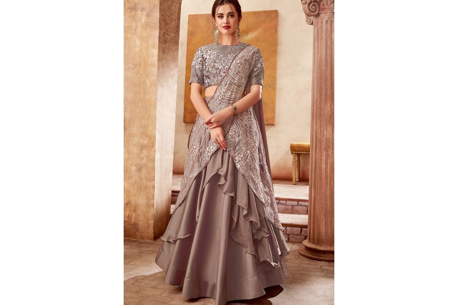 slaty grey satin silk embroidered designer lehenga choli 5724