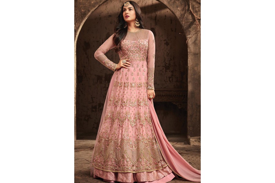 Buy Sonal Chauhan Pink Net Party Wear Anarkali Kameez In Uk Usa And Canada