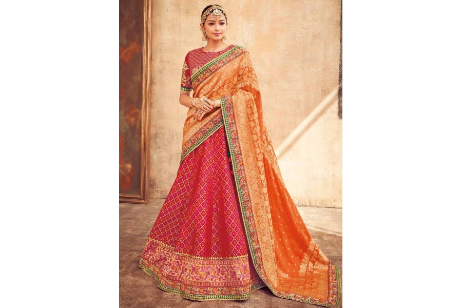 Buy Red and Orange silk Indian wedding lehenga in UK, USA and Canada