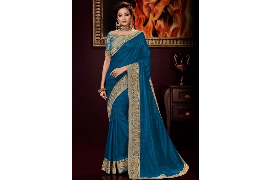 Peacock Blue Silk Saree With Embroidered Blouse 10410