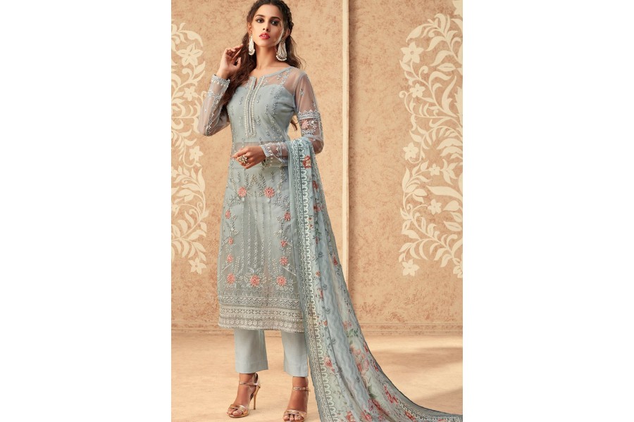 blue net embroidered straight trouser suit 36006