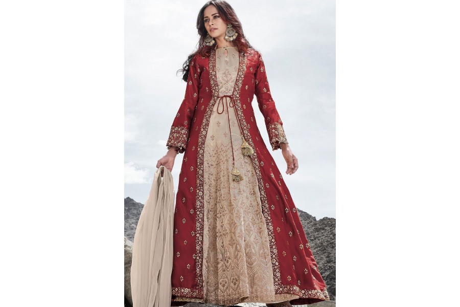 Buy Sage Green And Peacock Blue Ombre Jacket Anarkali Suit With Mirror Work  And Moroccan Print Online - Kalki Fashion