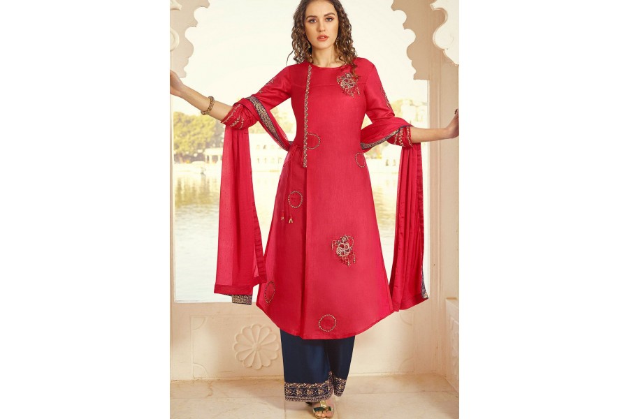 Dark Pink Art Silk Embroidered Palazzo Suit 11004