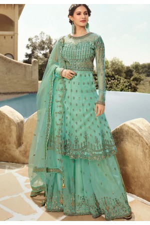 blue net embroidered straight trouser suit 36006