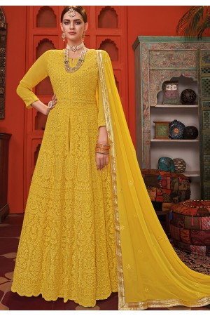 yellow georgette embroidered straight trouser suit 802