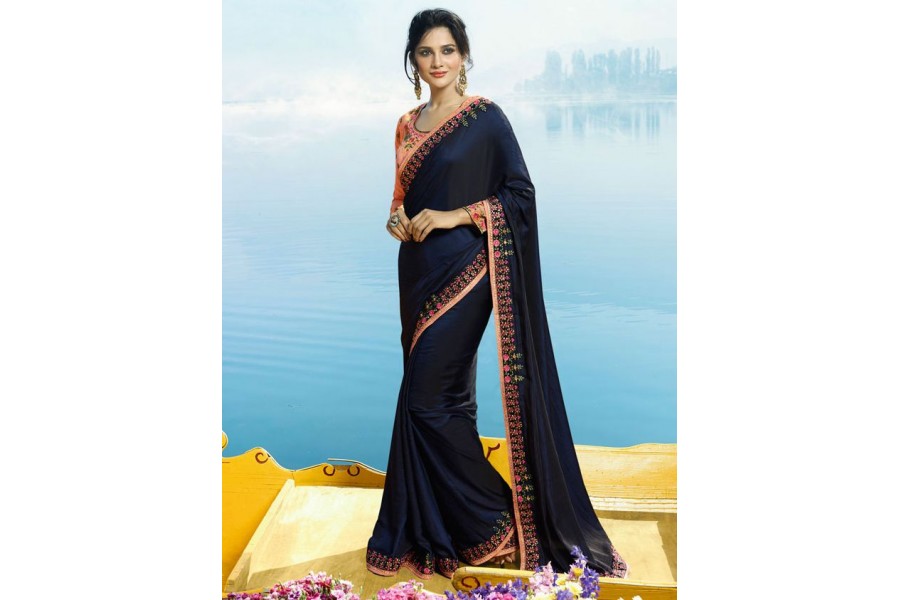 Buy Navy Blue And Pinl Color Barfi Silk Designer Party Wear Saree In Uk Usa And Canada 5946