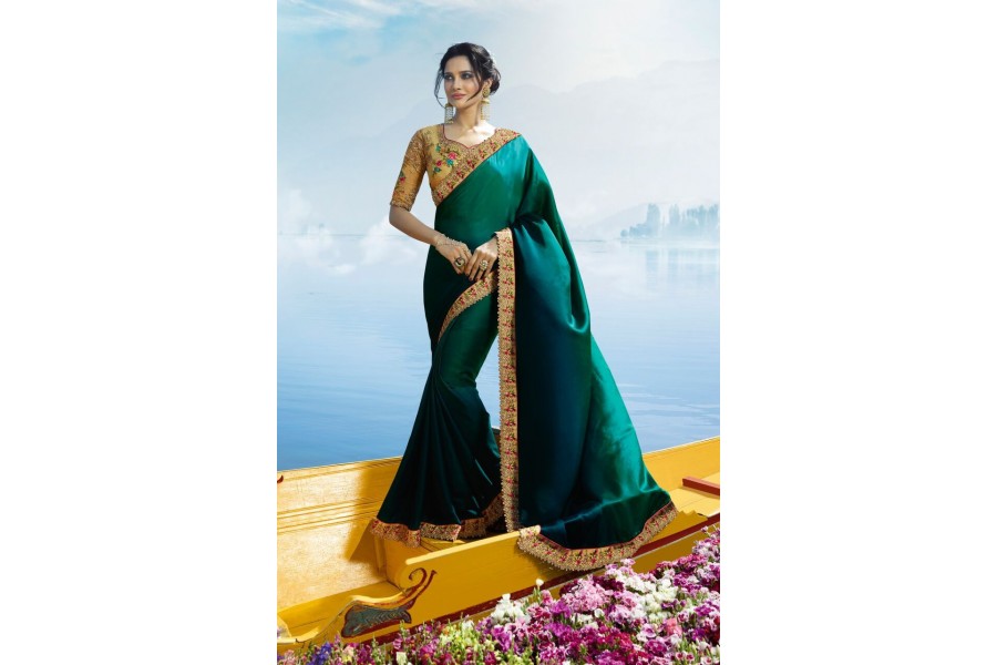 Buy Peacock Blue Color Barfi Silk Designer Party Wear Saree In UK USA   Peacock Blue Gren Silk Indian Designer Saree 50006 900x600 