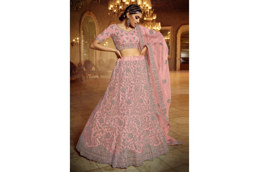 Pink net circular party wear lehenga choli 5406