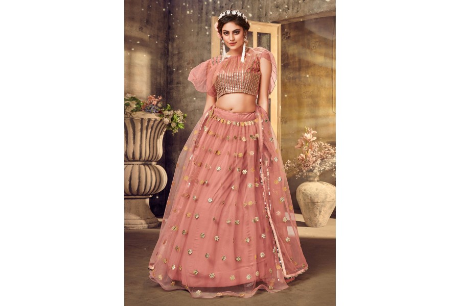 Pink net designer cape lehenga choli 1032