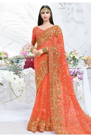 Orange net embroidered festival wear saree 2797