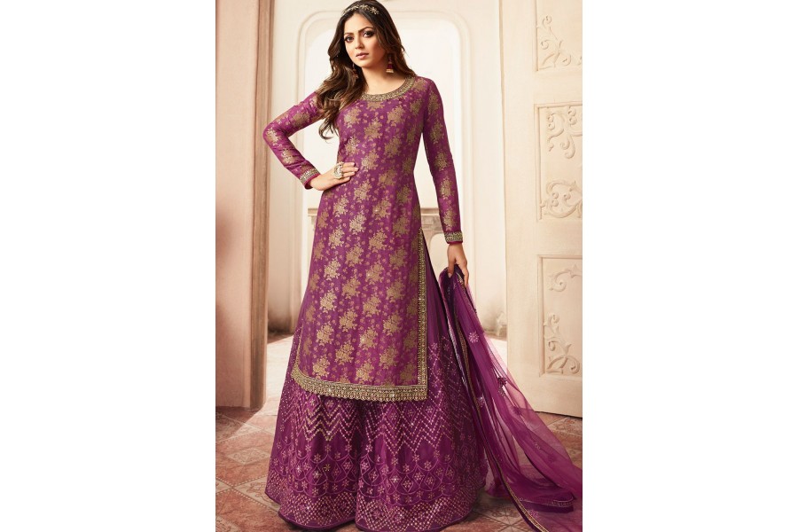Drashti Dhami Purple Jacquard Embroidered Sharara Suit 5403