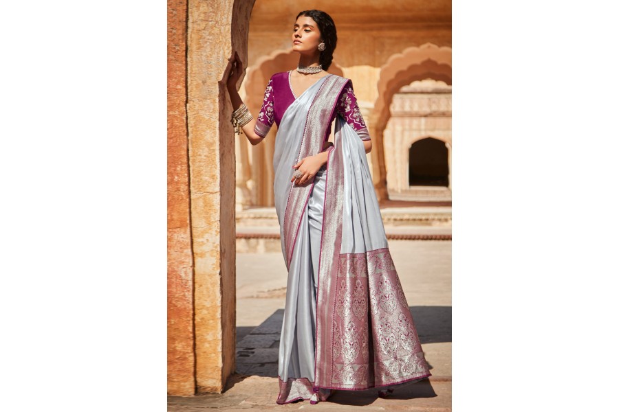 Grey Woven Design Net Saree – Inddus.com