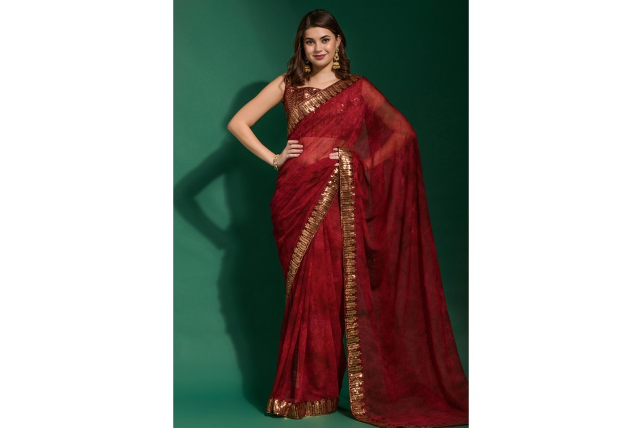 Kardana Kundan Maroon Viscose Chiffon Saree – YUVTI by Bhupendra Singh