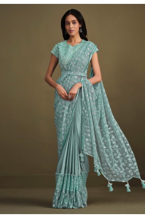 Party Wear Teal Blue Saree With Fancy Thread Sequence Belt &