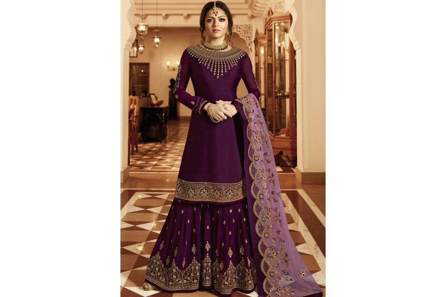 Drashti Dhami Purple Satin Georgette Embroidered Sharara Style Suit 3601