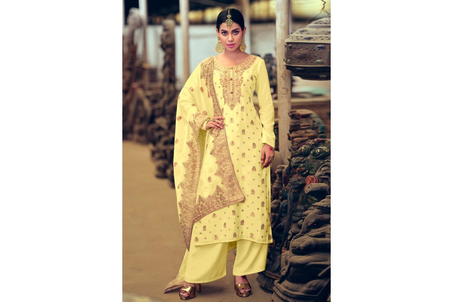 Yellow Silk Jacquard Palazzo Suit 2234