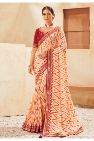 Sworski Work Natural Color Dye Cream White Banarasi Soft Silk Saree –  SHANGRILA DESIGNER