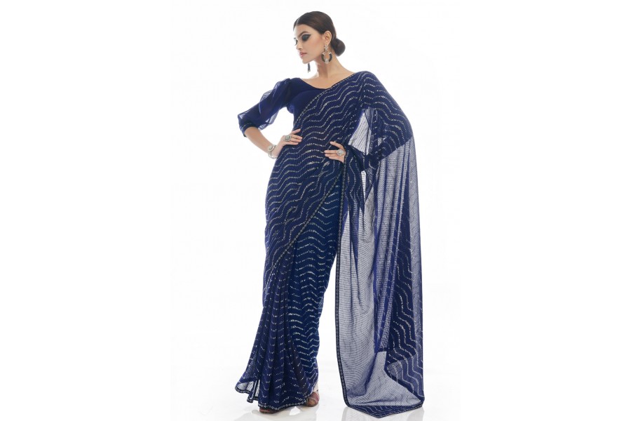 Georgette sequence Saree in Navy blue colour 21006