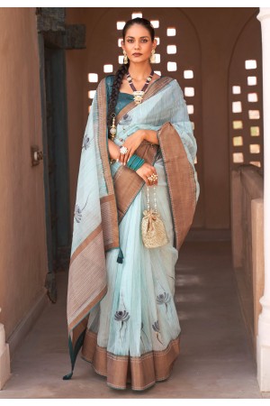 Woven Linen Saree in Sky Blue : SPF4479