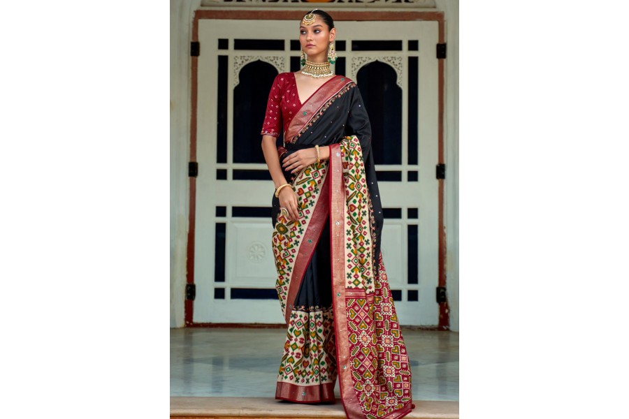 Lively Patola Silk Black Patola Print Trendy Saree