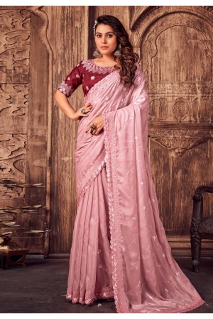 Satin silk Saree with blouse in Pink colour 6562