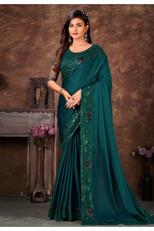 Satin silk Saree with blouse in Teal colour 6580
