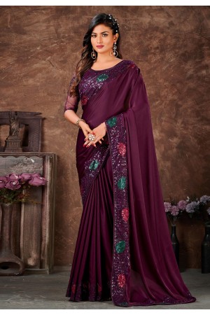 Satin silk Saree with blouse in Wine colour 6579