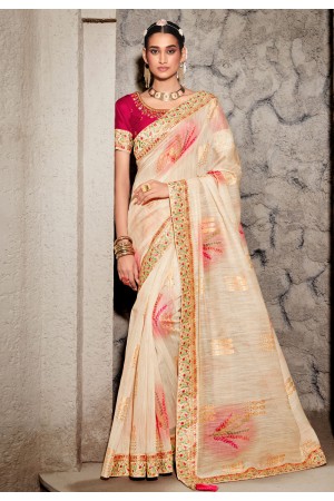 Silk Saree with blouse in Cream colour 6102