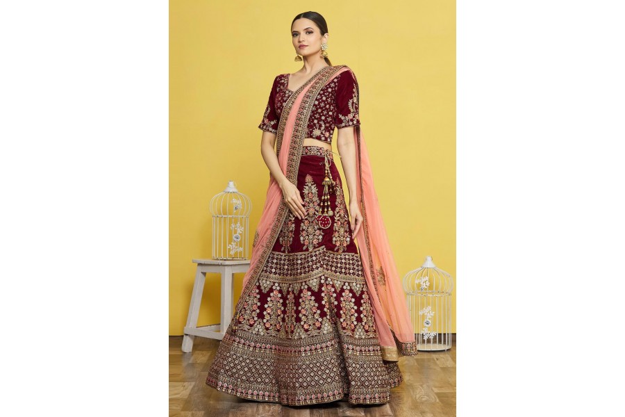 Velvet a line lehenga choli in Maroon colour 822C