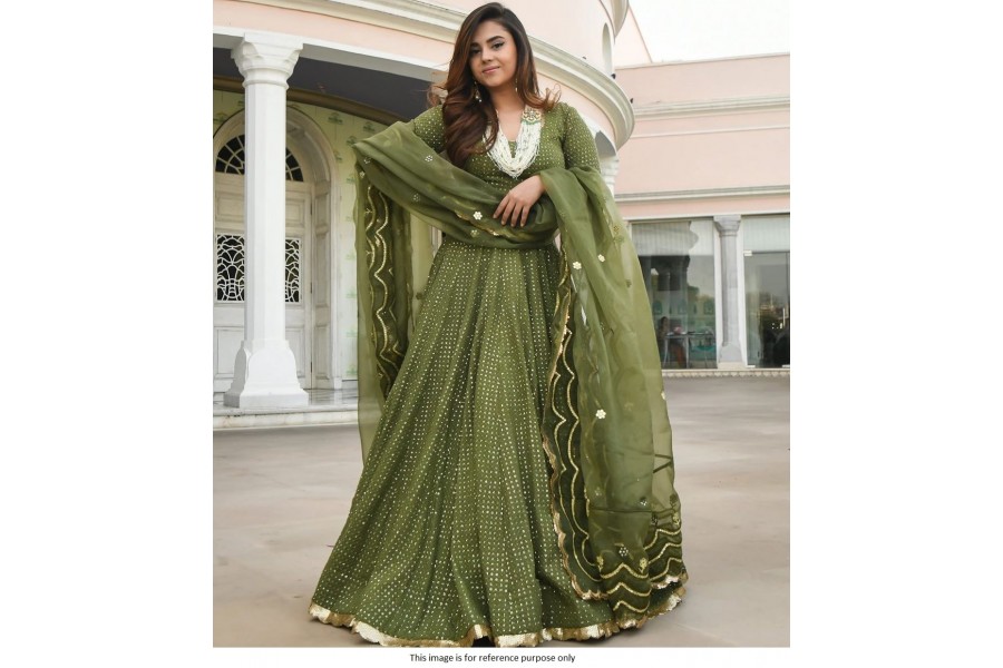 Olive Green Printed Lehenga Set - Kalki Fashion- Fabilicious Fashion