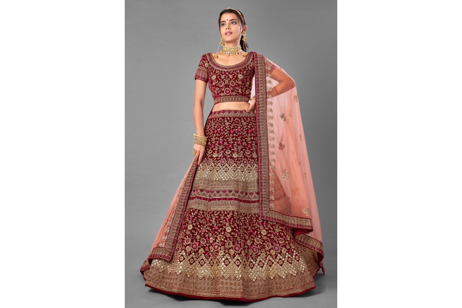 Velvet Heavy Embroidery With Hand Work Maroon Wedding Lehenga Choli with  Soft Net Dupatta - LC4357