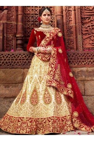 Off white and red satin silk and velvet wedding lehenga