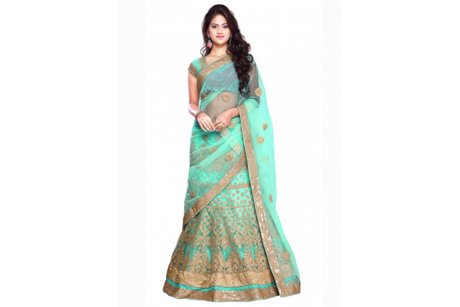 Bridal Turquoise Net Reception Wear Lehenga Choli