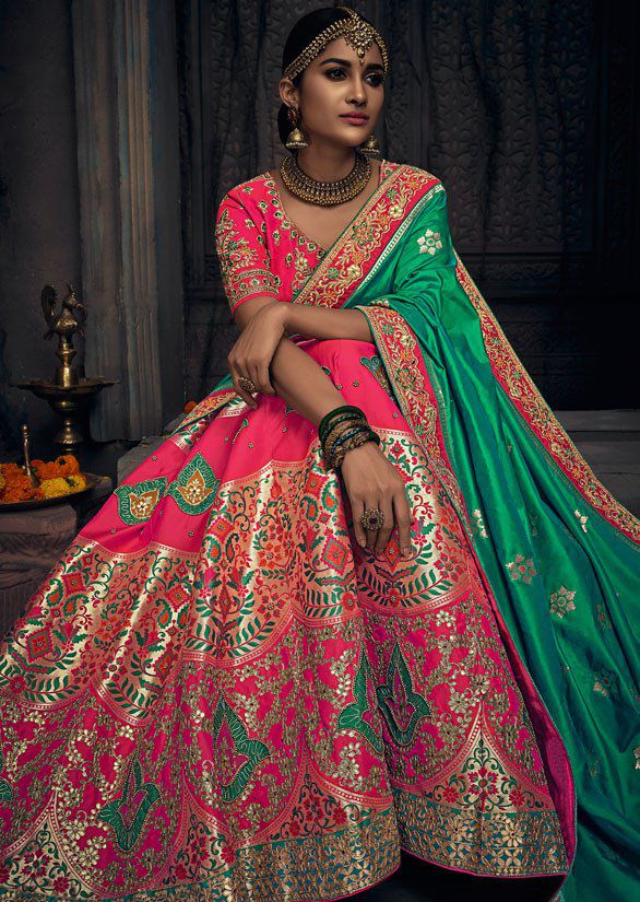 Royal Pink Heavy Bridal Lehenga in Banarasi Silk - PreeSmA