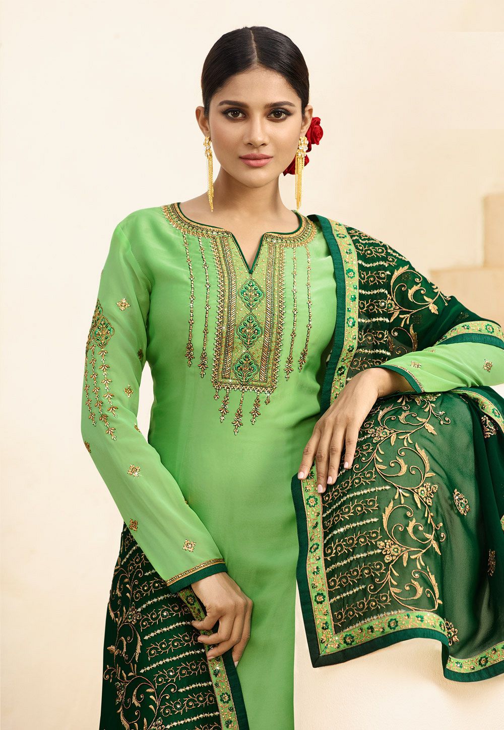 Light Green Satin Georgette Embroidered Sharara Style Pakistani Suit 16203 